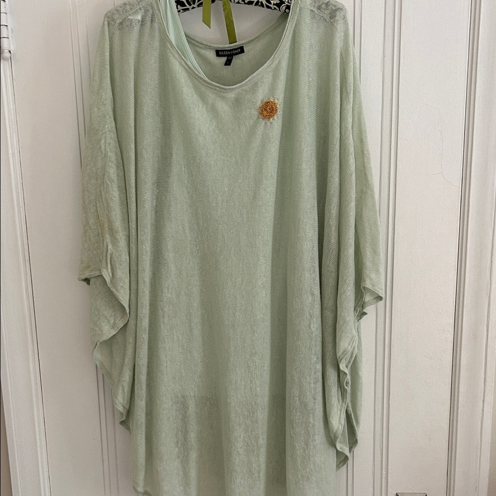 Eileen Fisher Light Green Flowing Poncho Tunic with gold crochet Accent